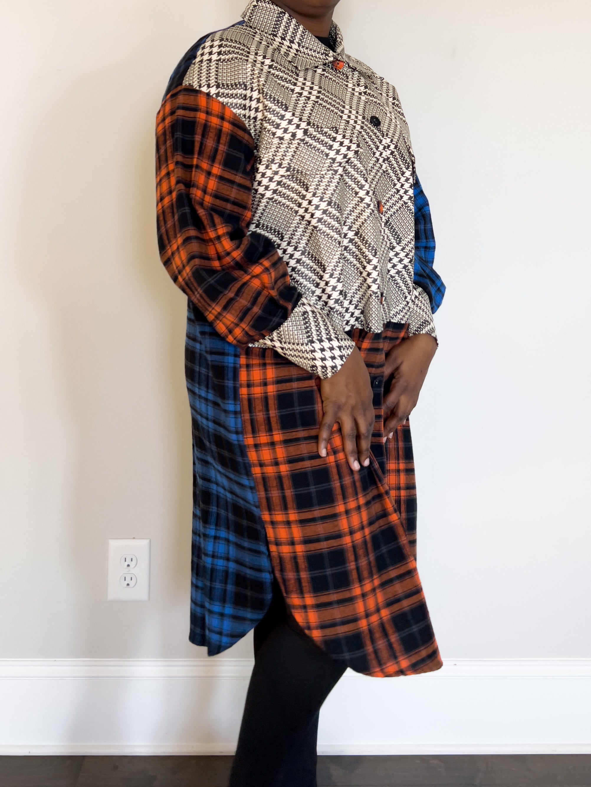 Nadine Women's Multi-fabric plaid jacket-Sand+Silk