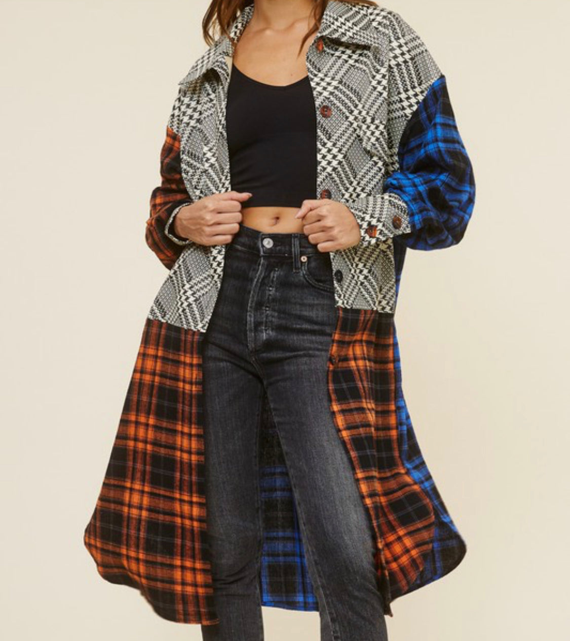 Nadine Women's Multi-fabric plaid jacket-Sand+Silk