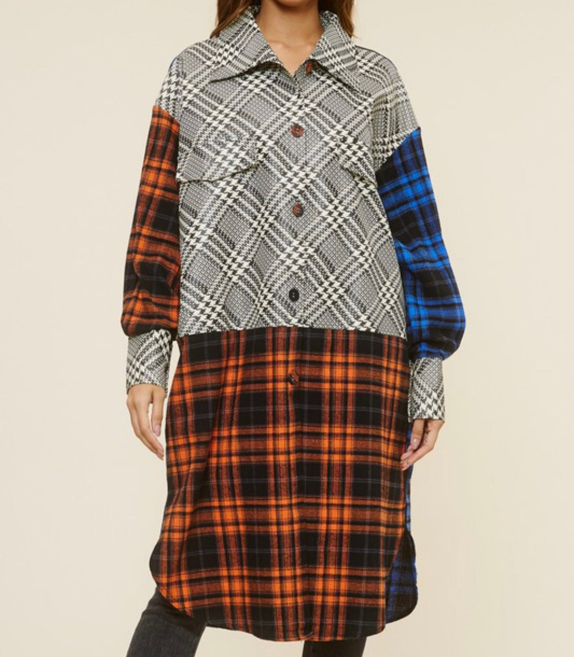 Nadine Women's Multi-fabric plaid jacket-Sand+Silk