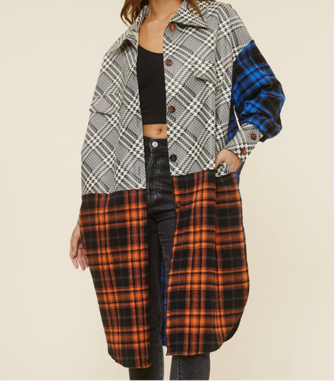 Nadine Women's Multi-fabric plaid jacket-Sand+Silk
