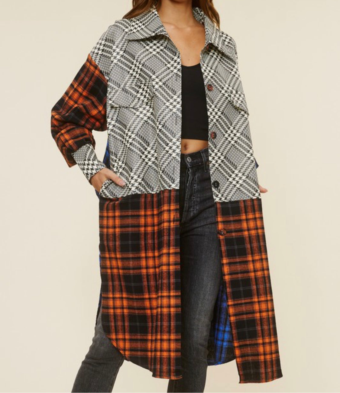 Nadine Women's Multi-fabric plaid jacket-Sand+Silk