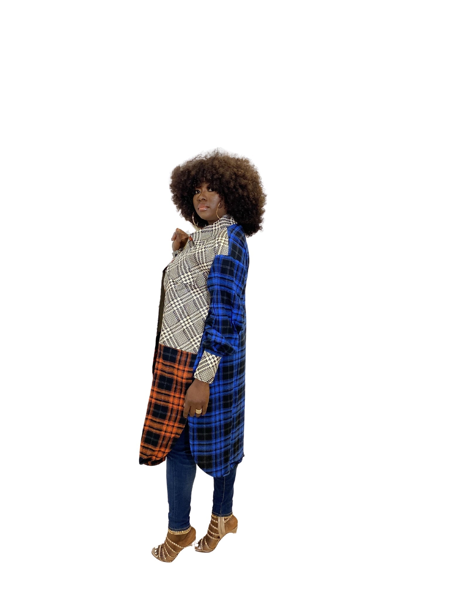 Nadine Women's Multi-fabric plaid jacket-Sand+Silk