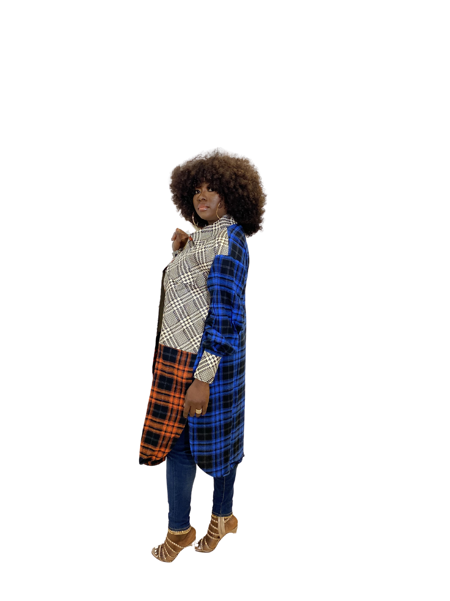 Nadine Women's Multi-fabric plaid jacket-Sand+Silk